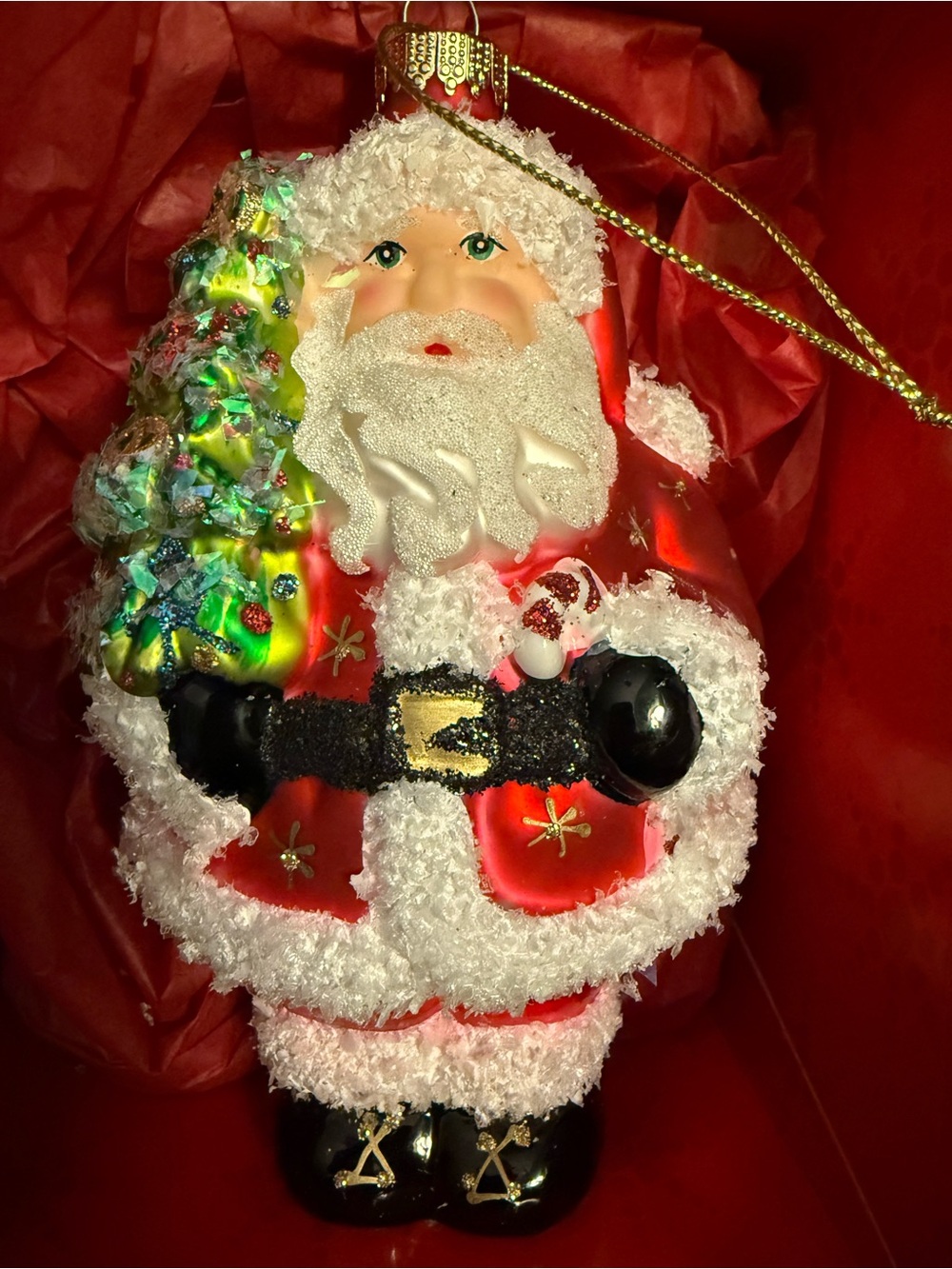 Krebs Glass Mouth Blown Santa Ornament with Sparkling Tree with box  OSX